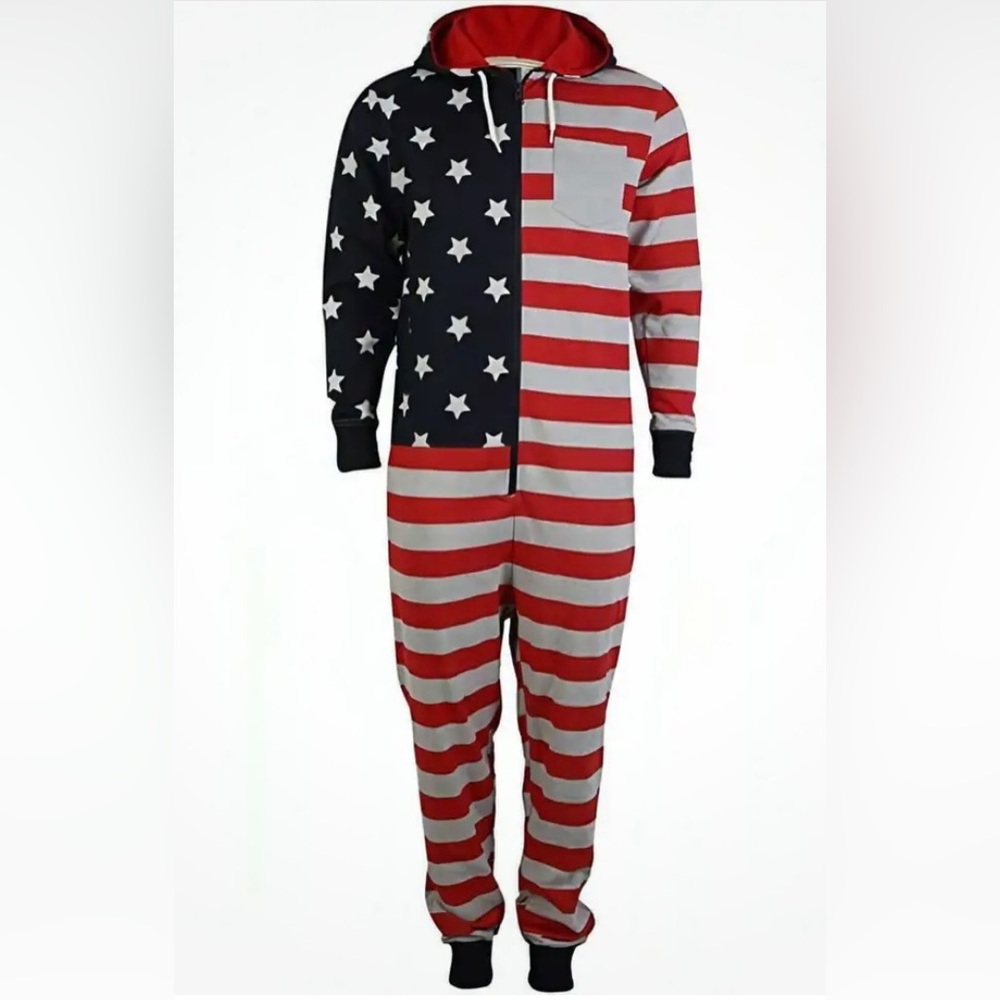 Tokyo Laundry Unisex American Flag Hooded Long Sleeve Onesie Jump Suit Size Med